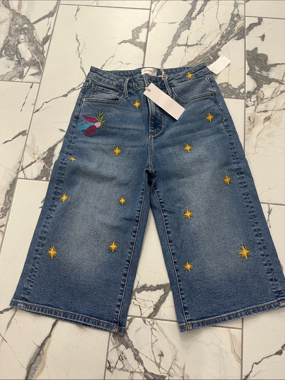 DRIFTWOOD Blue Wide-Leg Jean Shorts with Yellow Star Embroidery